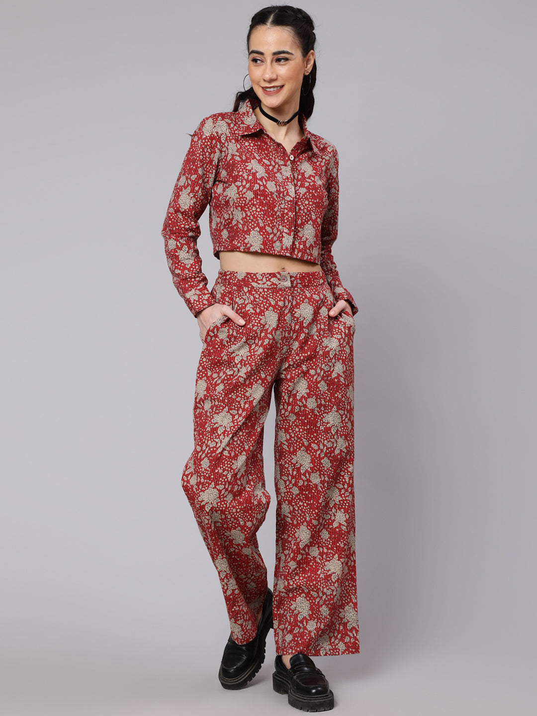 Maroon Floral Co Ord Set - Elganza