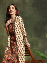 Brown & Cream Floral Print Couple Combo Set - Elganza
