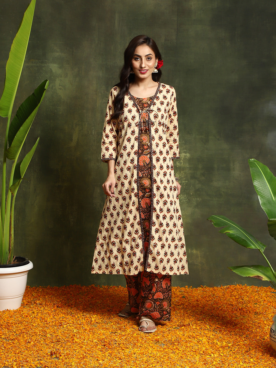 Brown & Cream Floral Print Couple Combo Set - Elganza