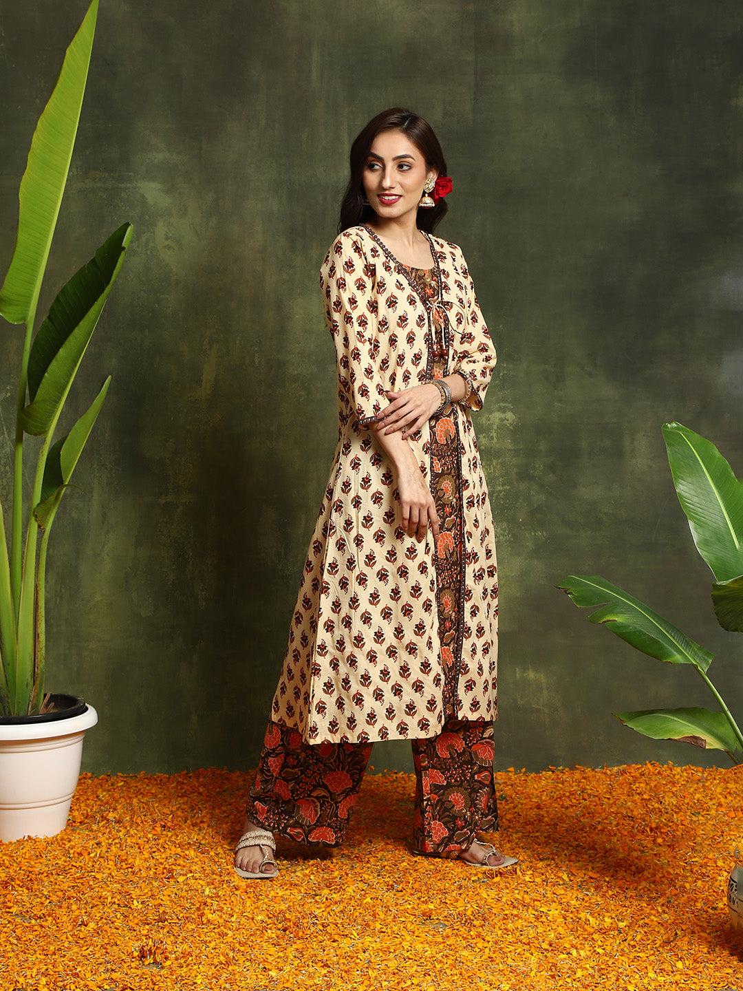 Brown Orange Floral Print Kurta With Palazzo - Elganza