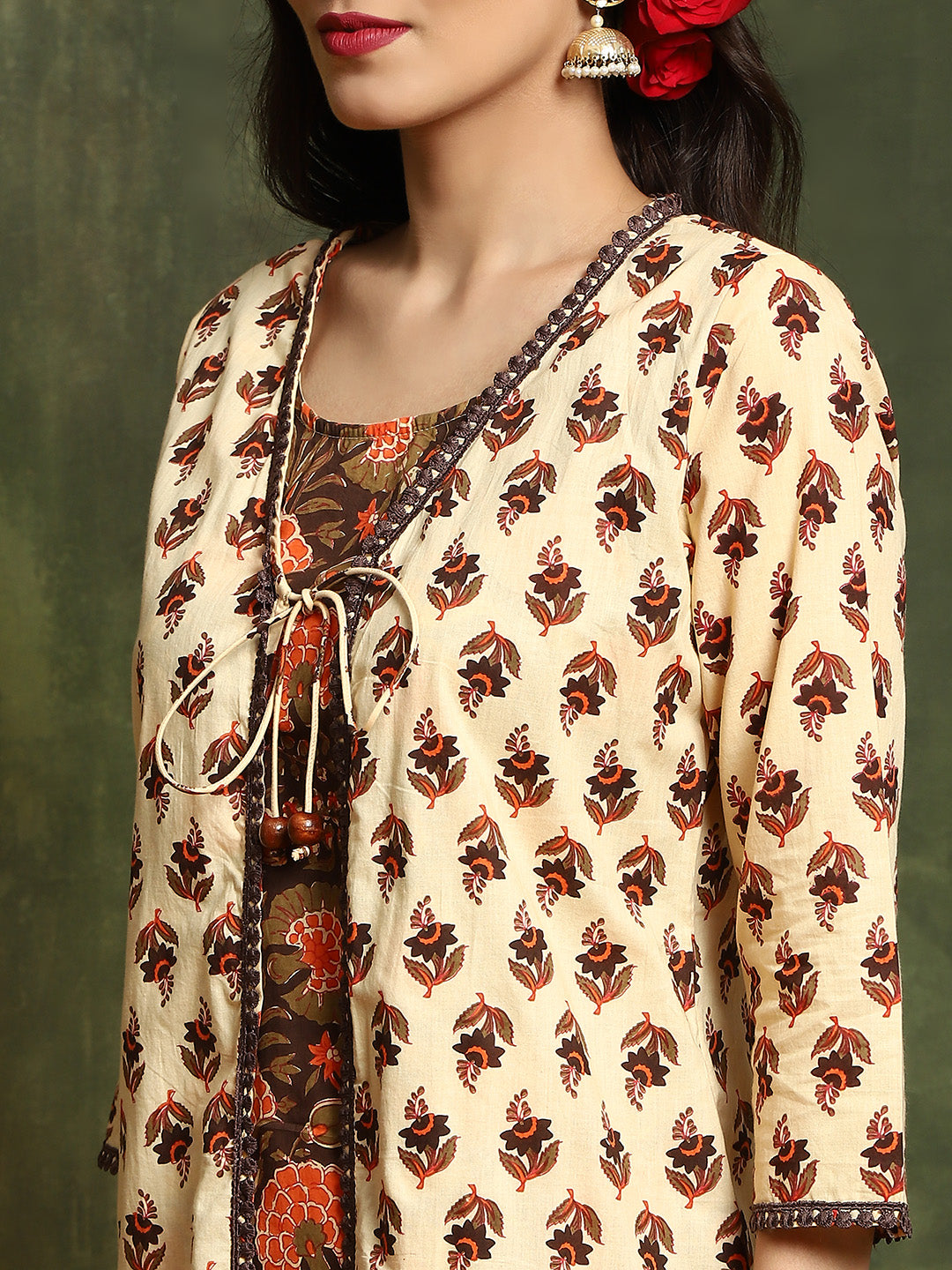 Brown & Cream Floral Print Couple Combo Set - Elganza