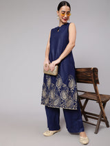 Navy Blue Embroidered Kurta With Palazzo - Elganza