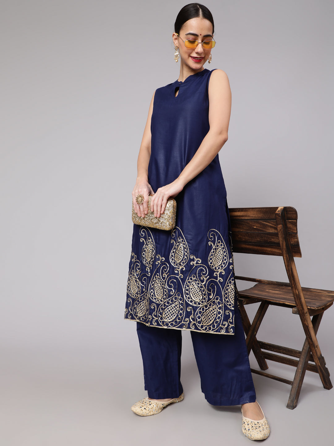 Navy Blue Embroidered Kurta With Palazzo - Elganza