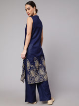 Navy Blue Embroidered Kurta With Palazzo - Elganza