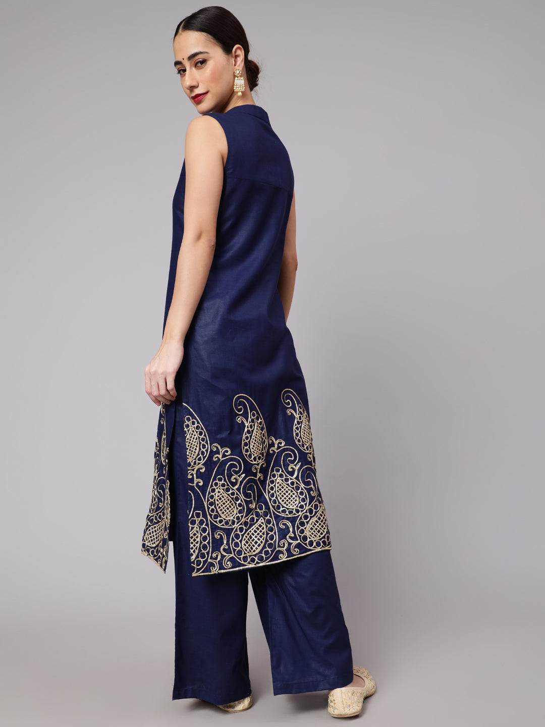 Navy Blue Embroidered Kurta With Palazzo - Elganza