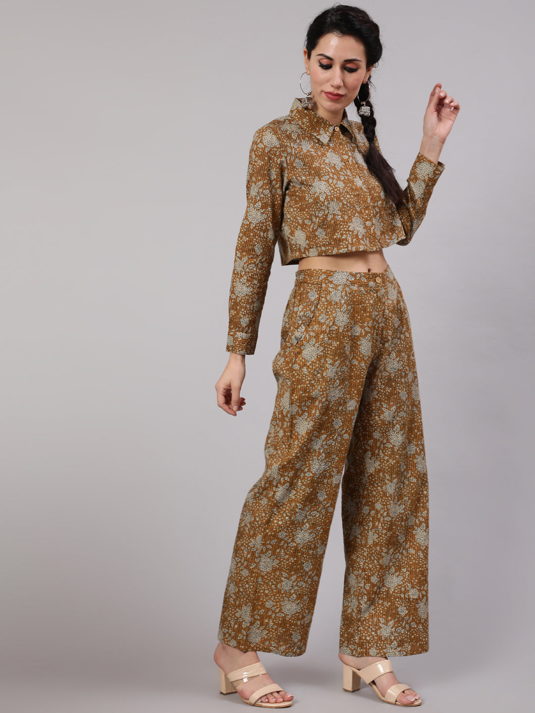 Brown Floral Print Co Ord Set - Elganza