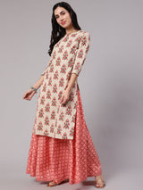 Cream & Peach Printed Kurta With Skirt - Elganza