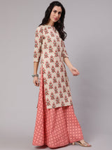 Cream & Peach Printed Kurta With Skirt - Elganza