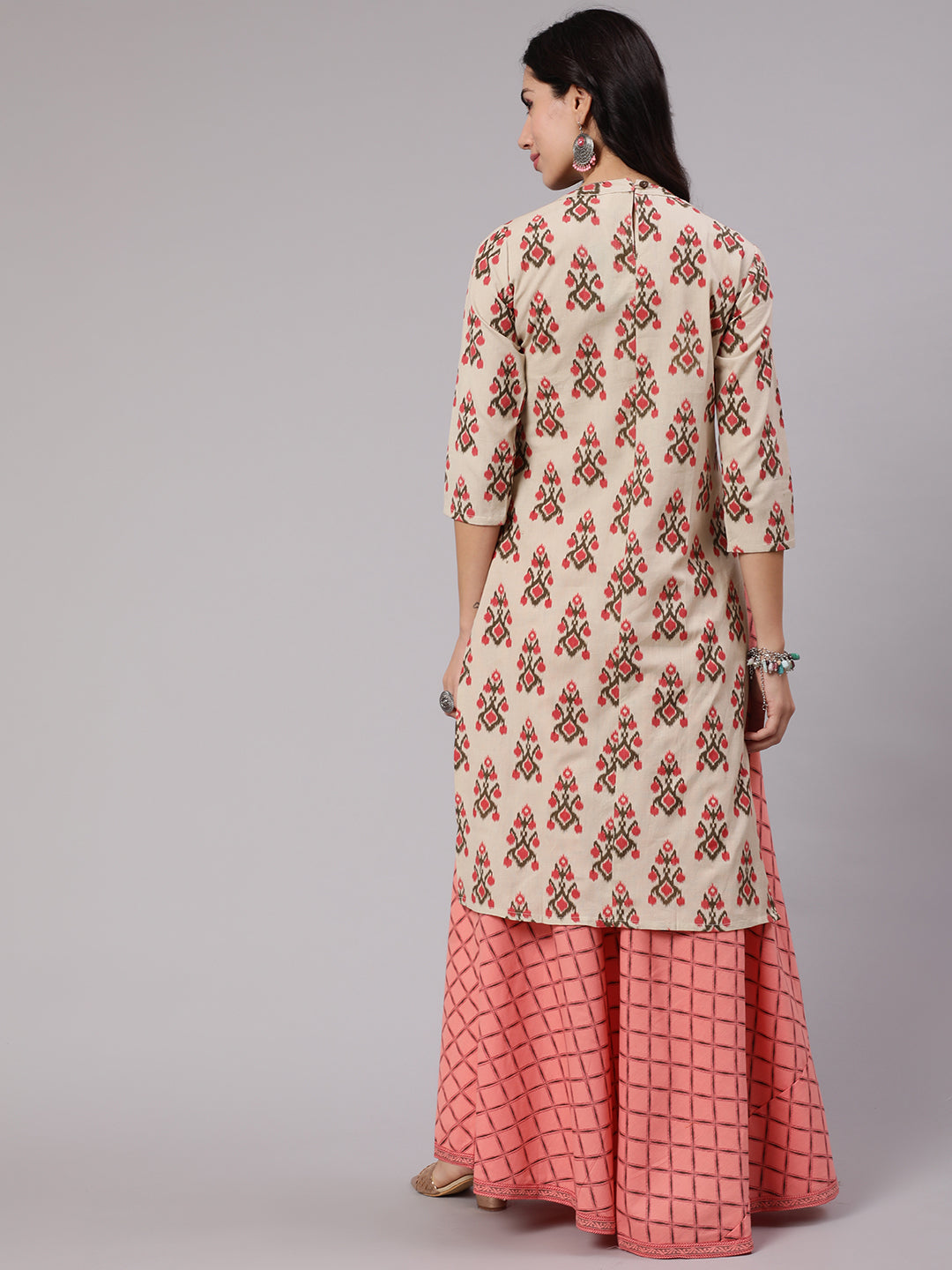 Cream & Peach Printed Kurta With Skirt - Elganza