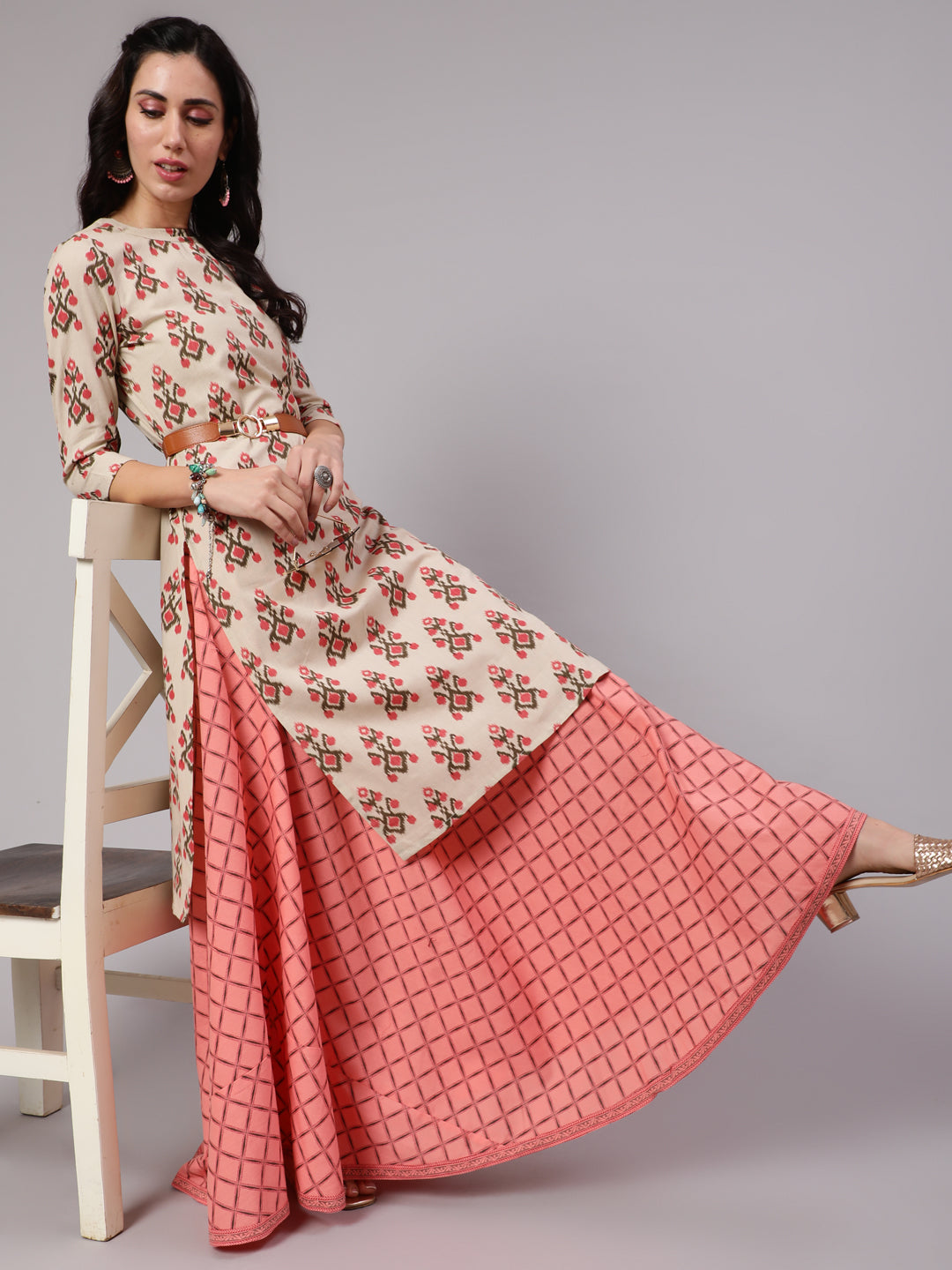 Cream & Peach Printed Kurta With Skirt - Elganza