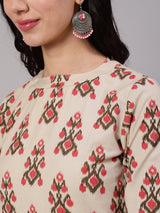 Cream & Peach Printed Kurta With Skirt - Elganza