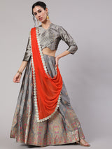 Grey Gold Zari Work Lehenga Choli With Dupatta - Elganza