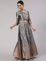 Grey Gold Zari Work Lehenga Choli With Dupatta - Elganza