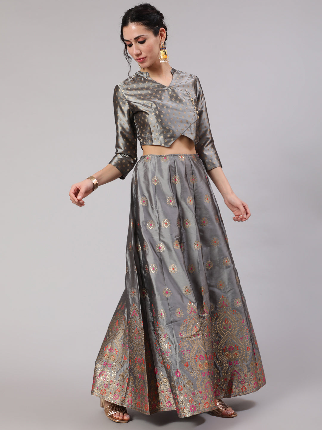 Grey Gold Zari Work Lehenga Choli With Dupatta - Elganza