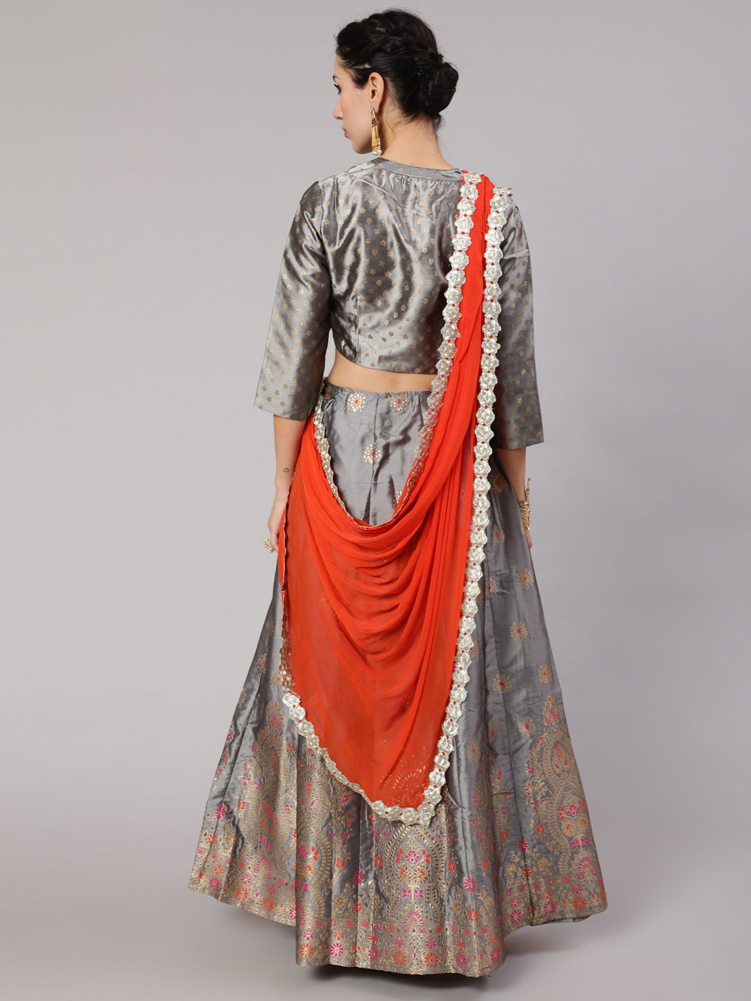 Grey Gold Zari Work Lehenga Choli With Dupatta - Elganza