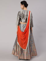 Grey Gold Zari Work Lehenga Choli With Dupatta - Elganza