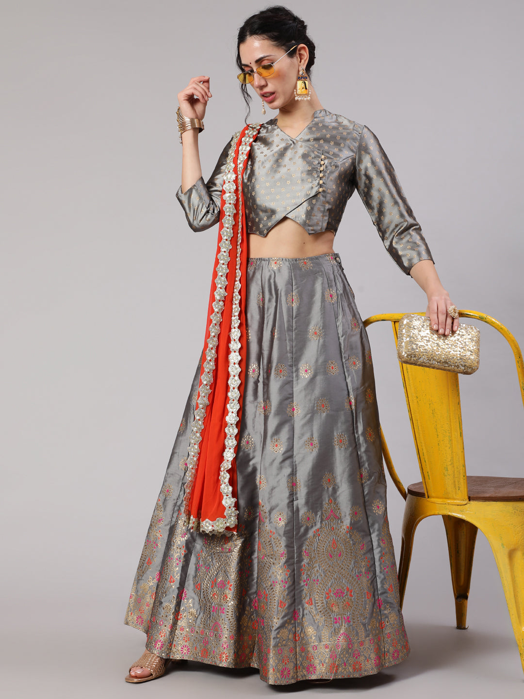 Grey Gold Zari Work Lehenga Choli With Dupatta - Elganza