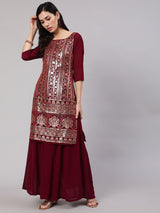 Burgundy Sequin Kurta With Flared Palazzo - Elganza