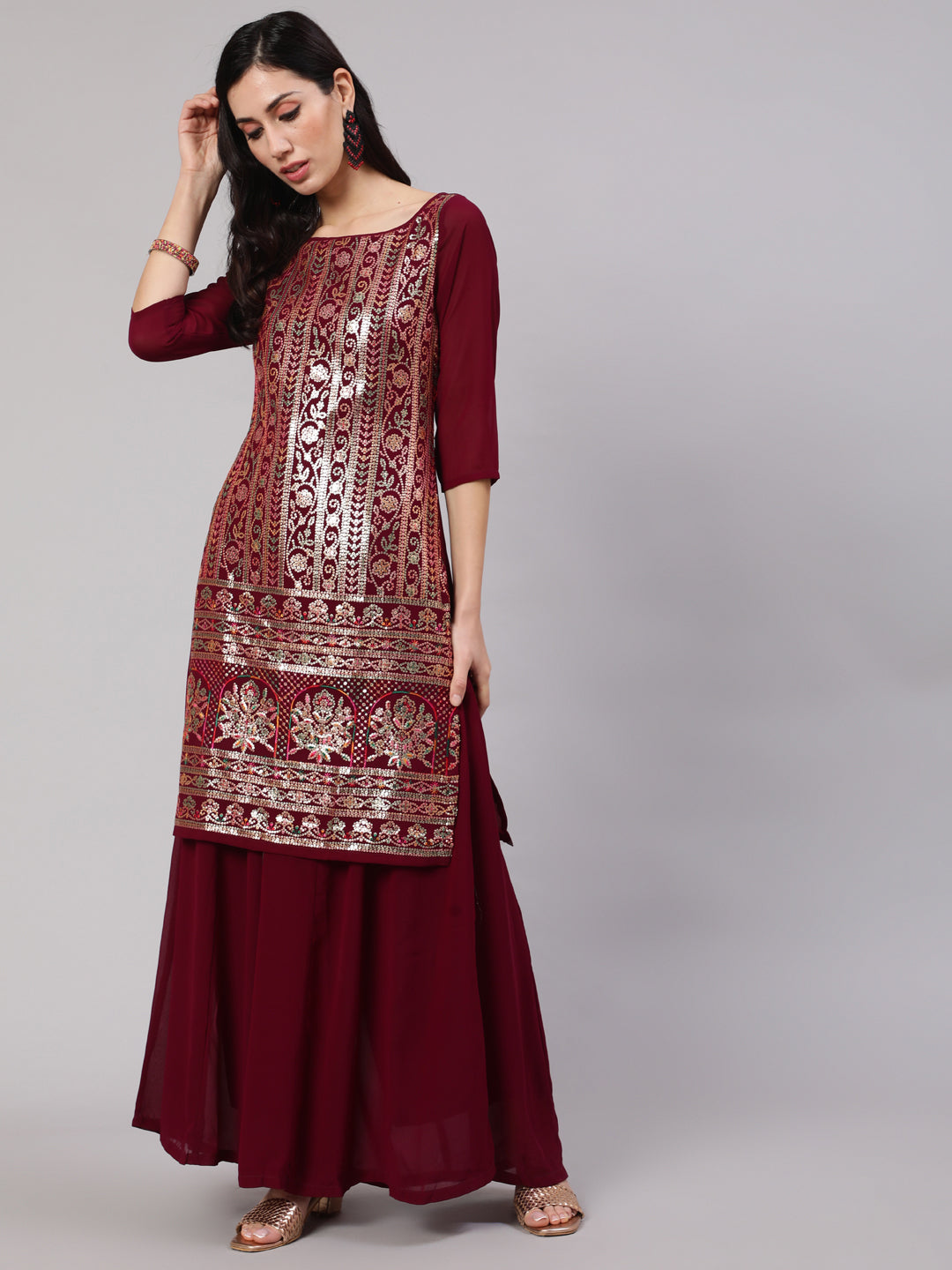Burgundy Sequin Kurta With Flared Palazzo - Elganza