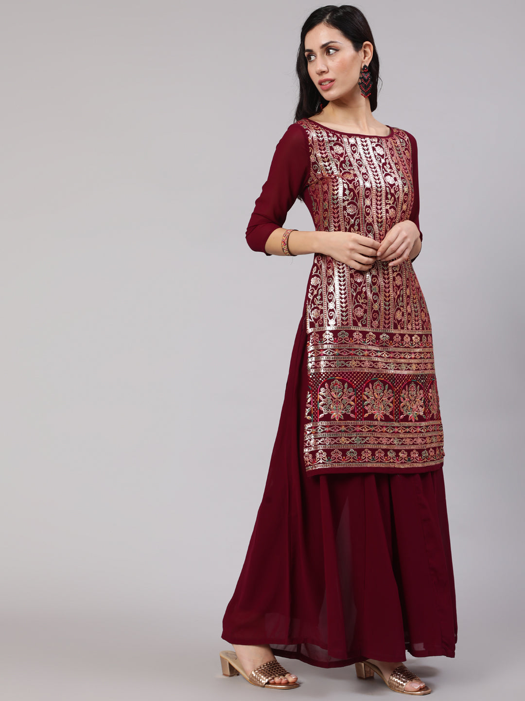 Burgundy Sequin Kurta With Flared Palazzo - Elganza