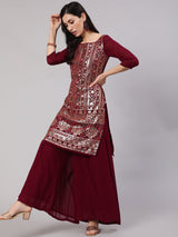 Burgundy Sequin Kurta With Flared Palazzo - Elganza