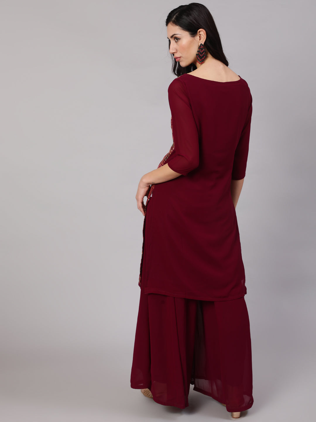 Burgundy Sequin Kurta With Flared Palazzo - Elganza