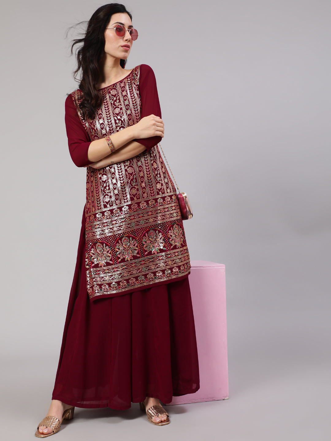 Burgundy Sequin Kurta With Flared Palazzo - Elganza