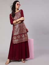 Burgundy Sequin Kurta With Flared Palazzo - Elganza