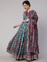 Blue Floral Print Kalidar Lehenga Choli With Dupatta - Elganza