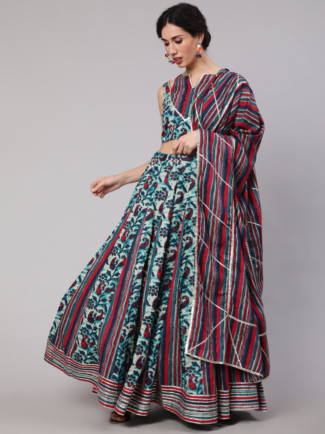 Blue Floral Print Kalidar Lehenga Choli With Dupatta - Elganza