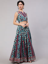 Blue Floral Print Kalidar Lehenga Choli With Dupatta - Elganza