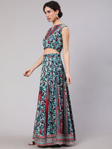 Blue Floral Print Kalidar Lehenga Choli With Dupatta - Elganza