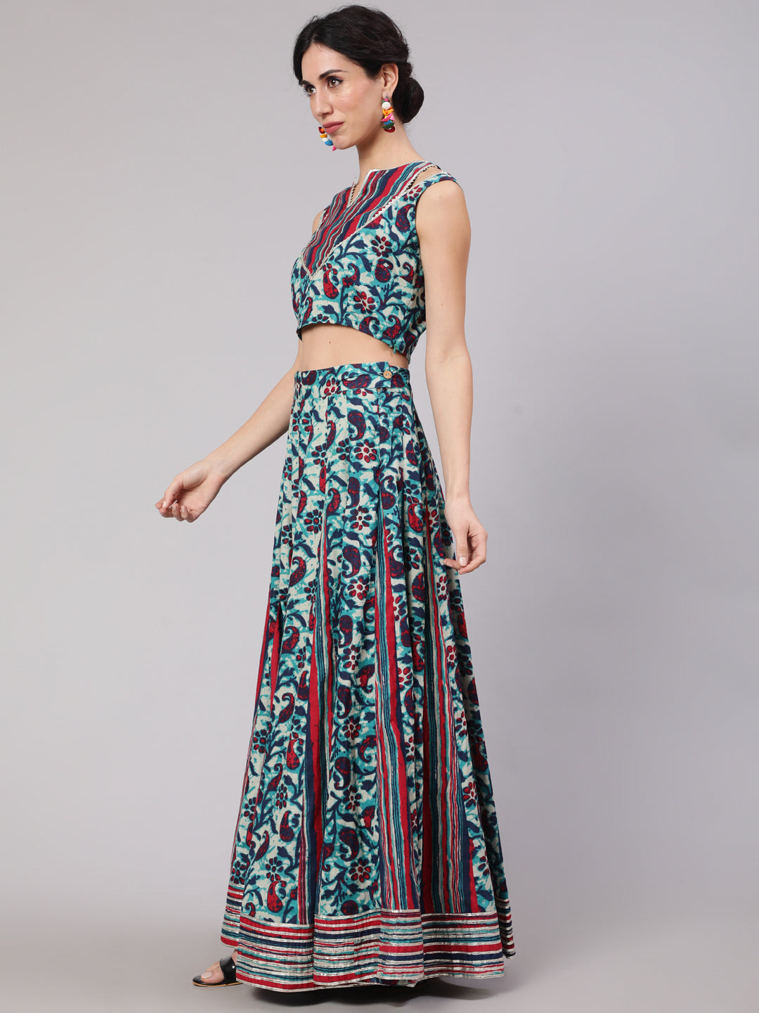 Blue Floral Print Kalidar Lehenga Choli With Dupatta - Elganza