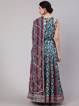 Blue Floral Print Kalidar Lehenga Choli With Dupatta - Elganza