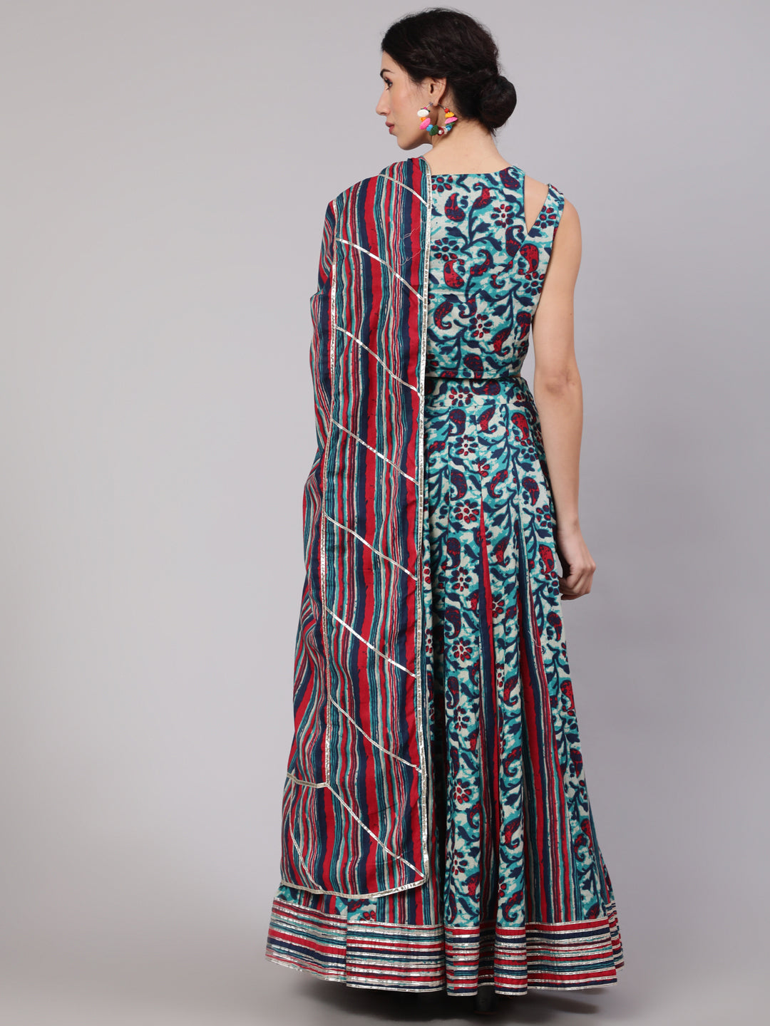 Blue Floral Print Kalidar Lehenga Choli With Dupatta - Elganza