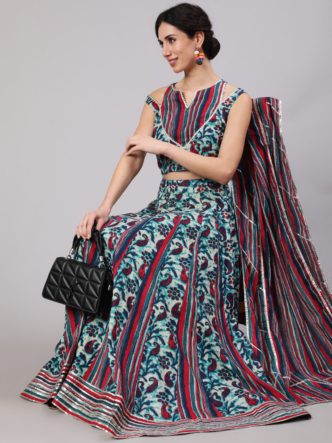 Blue Floral Print Kalidar Lehenga Choli With Dupatta - Elganza