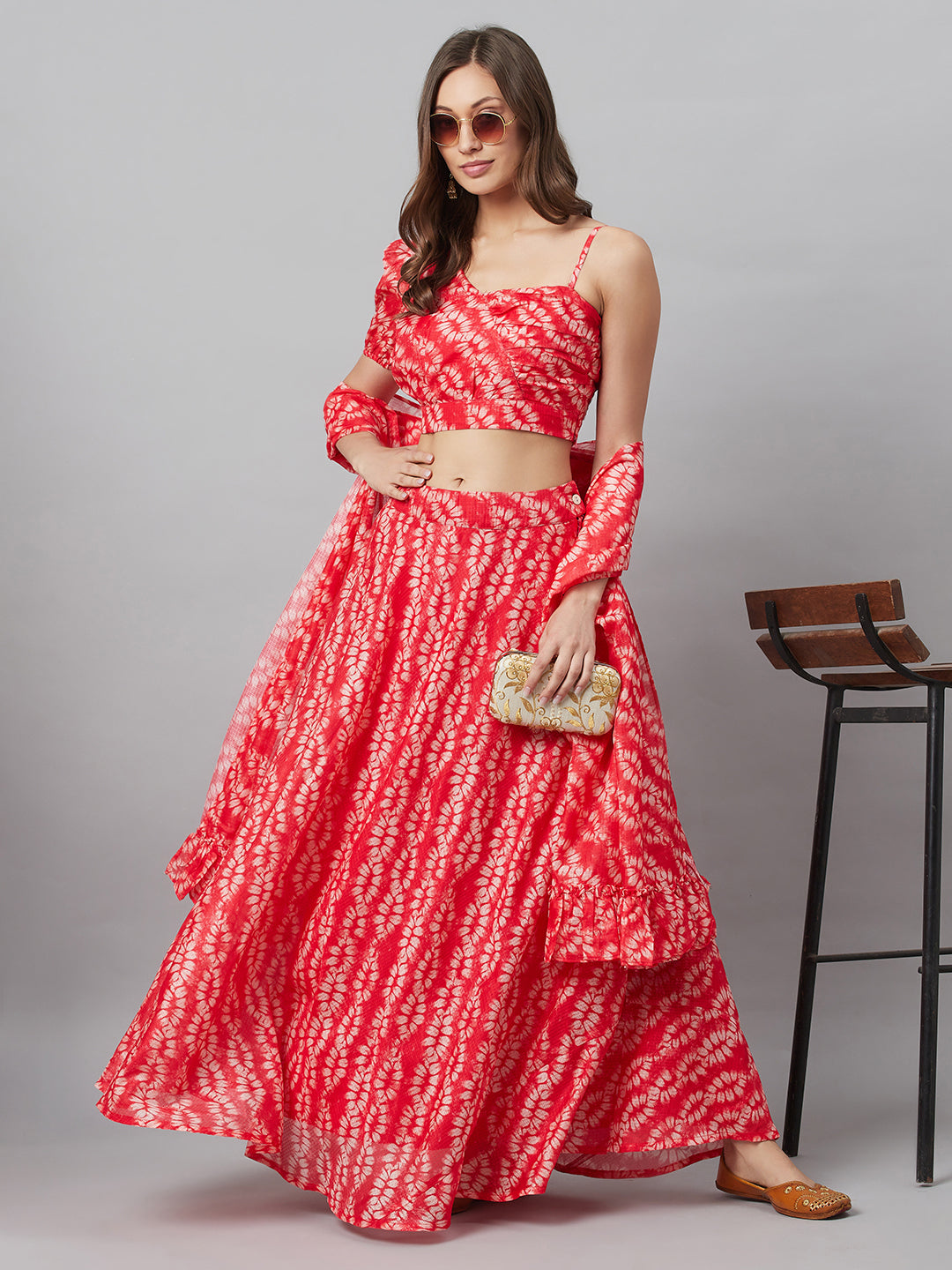 Red Printed Lehenga Choli With Dupatta - Elganza