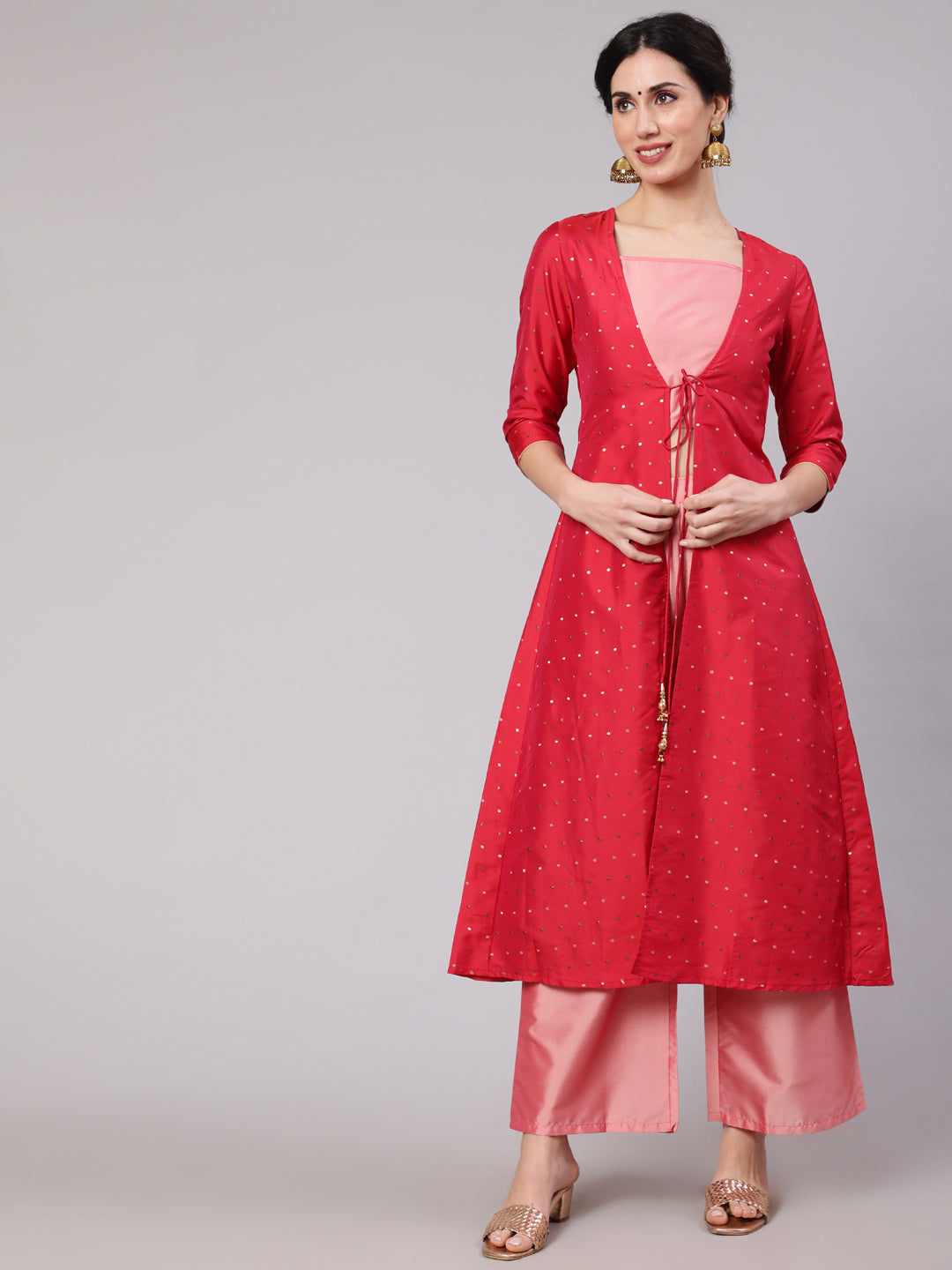 Pink Co Ord Set With Red Jacket - Elganza