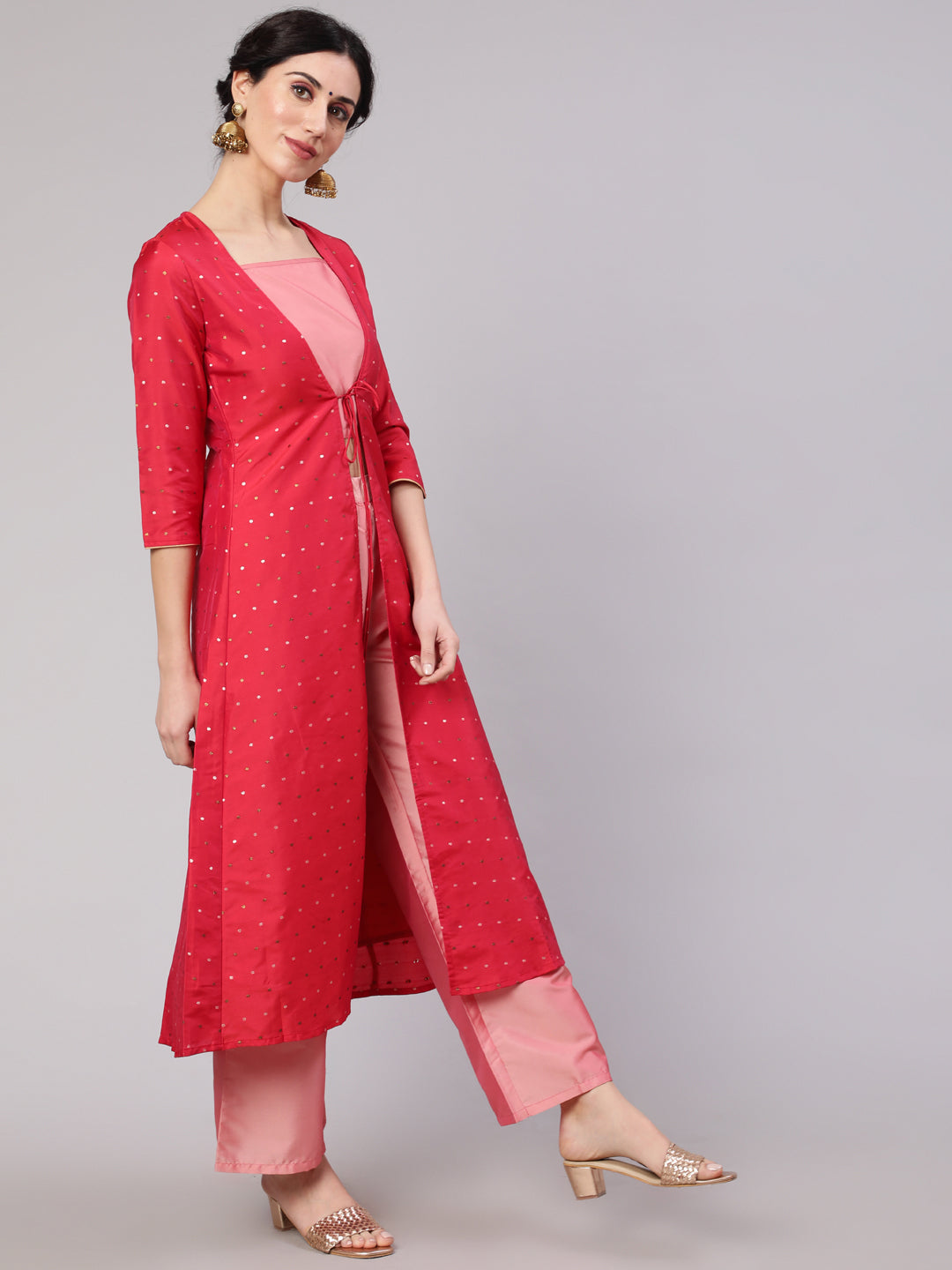 Pink Co Ord Set With Red Jacket - Elganza