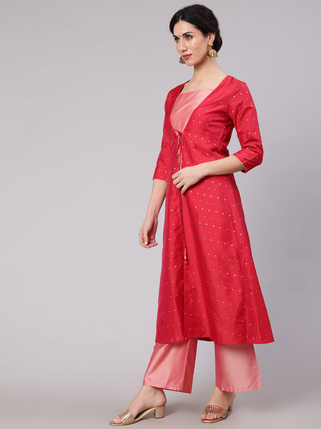 Pink Co Ord Set With Red Jacket - Elganza