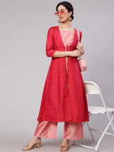 Pink Co Ord Set With Red Jacket - Elganza