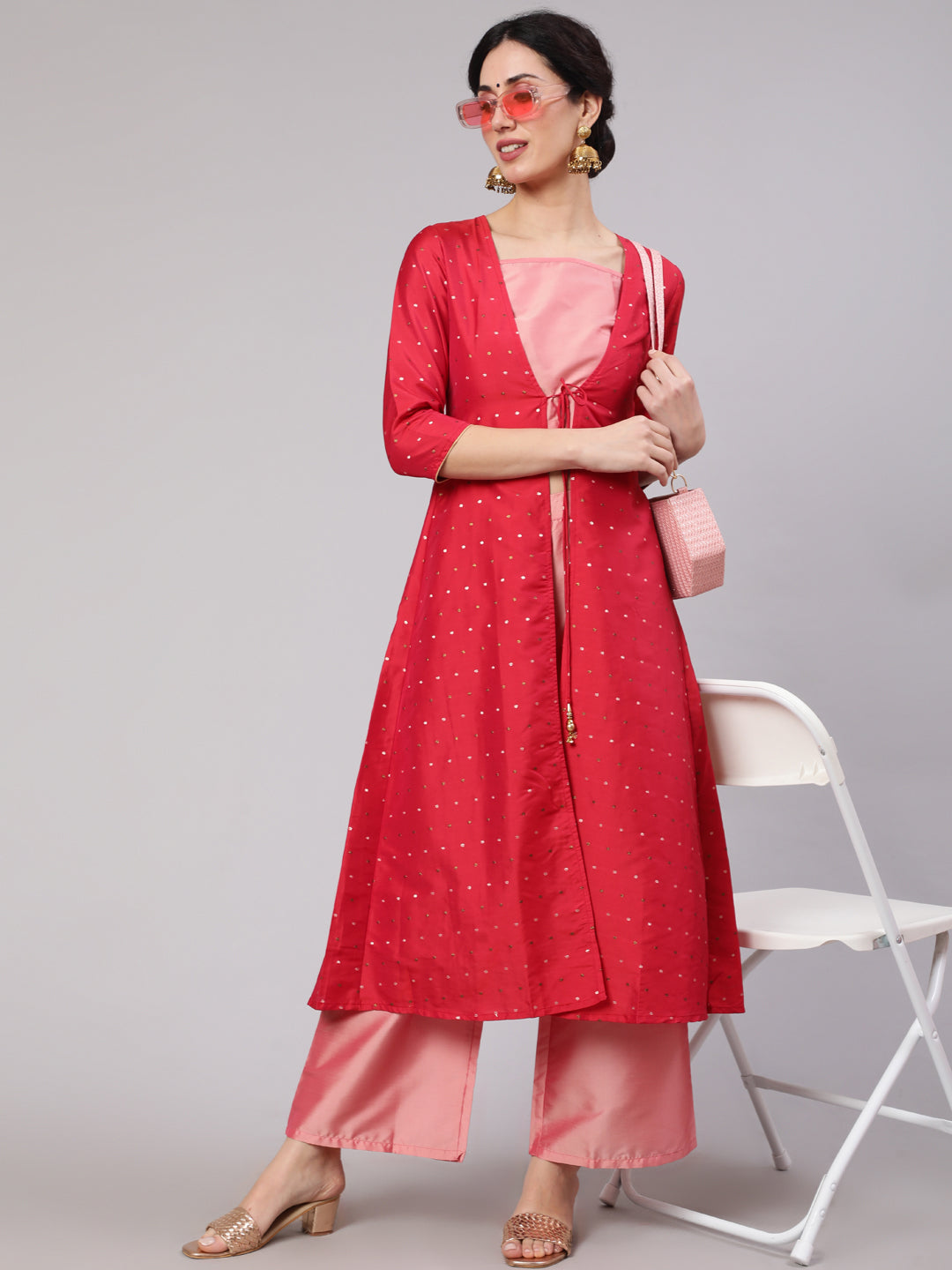 Pink Co Ord Set With Red Jacket - Elganza