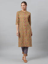 Mustard Floral Print Button Down Cotton Kurta Set - Elganza