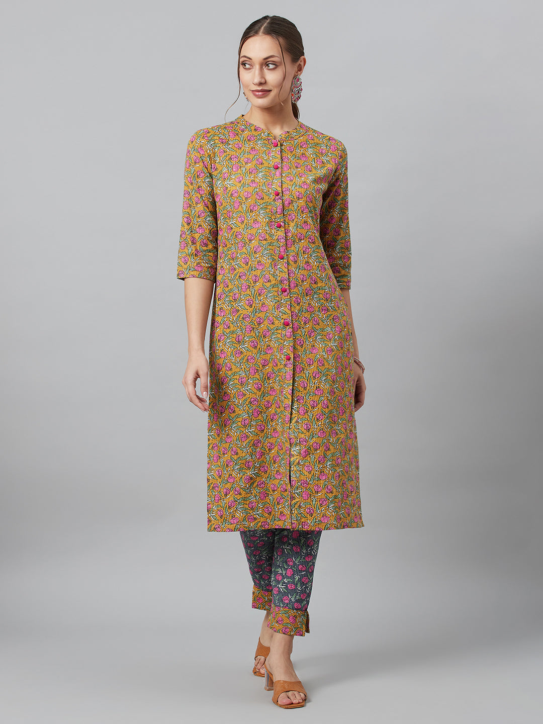 Mustard Floral Print Button Down Cotton Kurta Set - Elganza