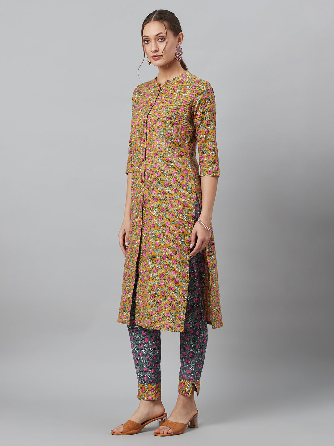 Mustard Floral Print Button Down Cotton Kurta Set - Elganza