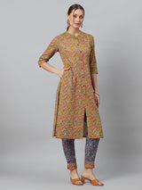 Mustard Floral Print Button Down Cotton Kurta Set - Elganza
