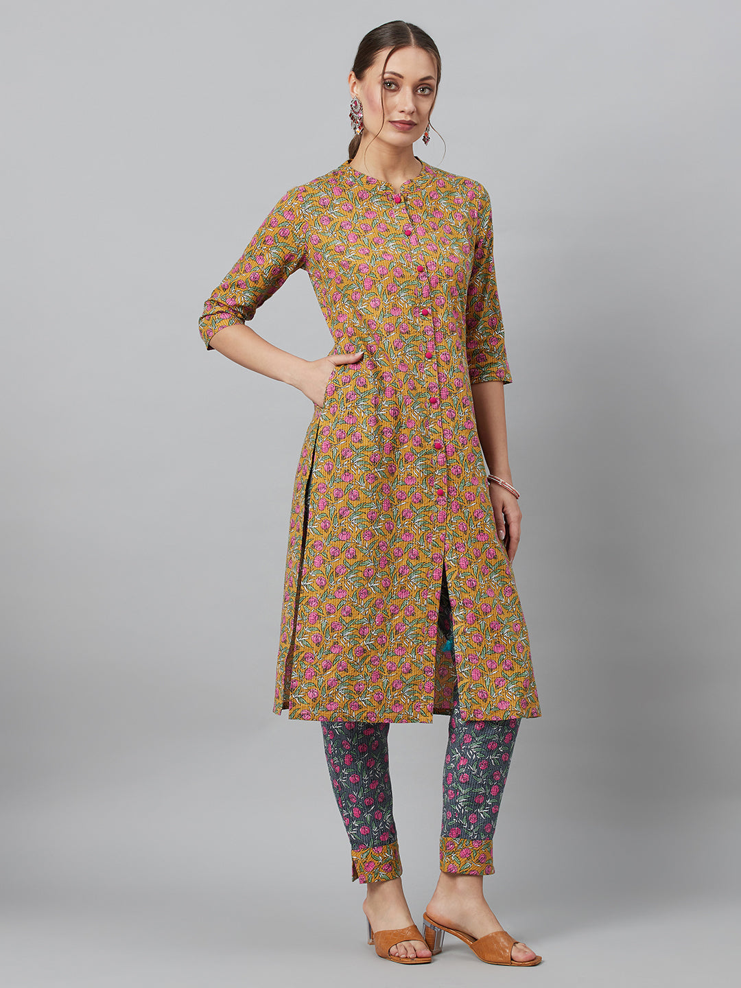 Mustard Floral Print Button Down Cotton Kurta Set - Elganza
