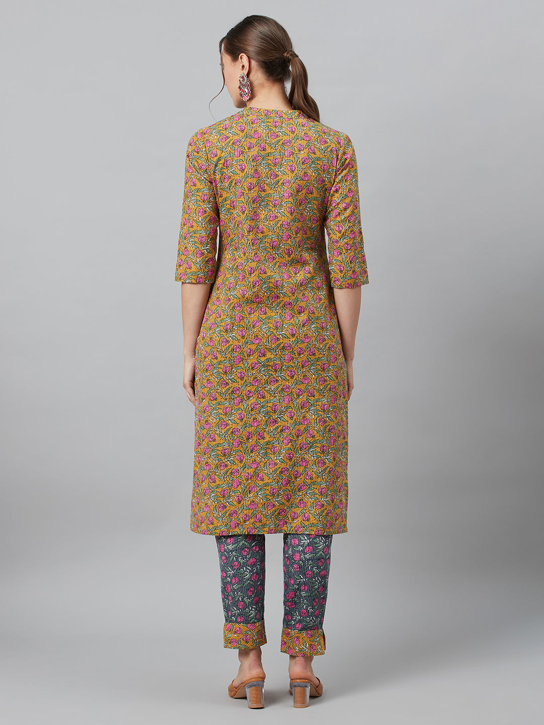 Mustard Floral Print Button Down Cotton Kurta Set - Elganza