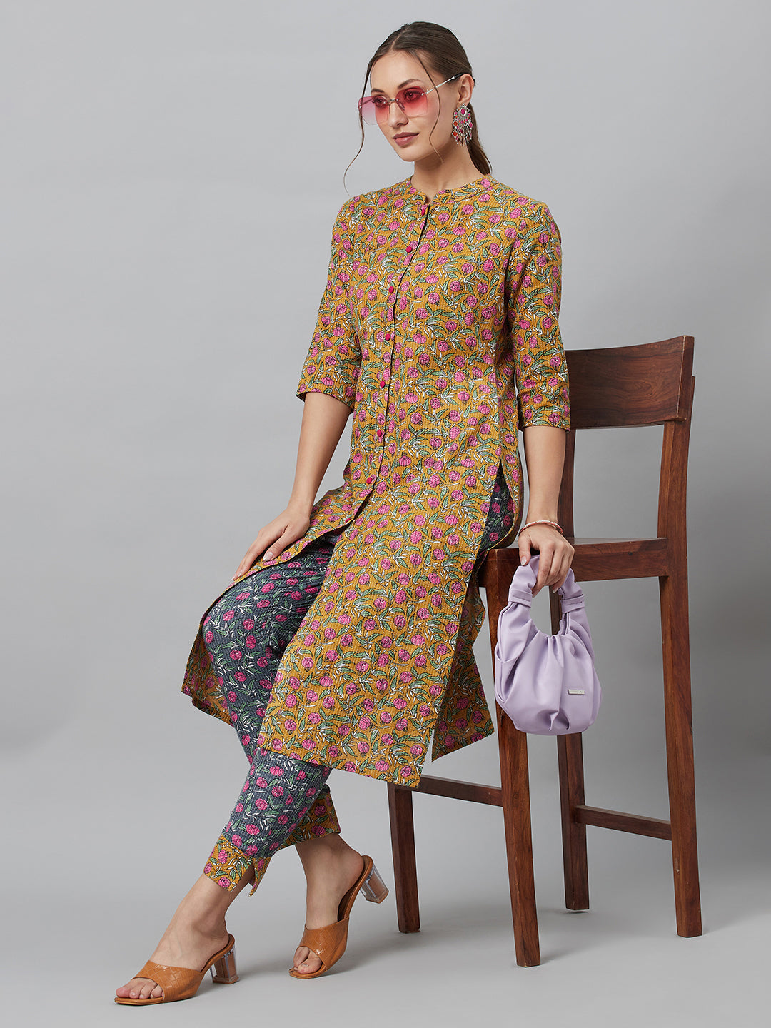 Mustard Floral Print Button Down Cotton Kurta Set - Elganza