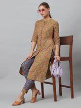 Mustard Floral Print Button Down Cotton Kurta Set - Elganza